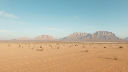 Vast Arid Plain with Distant Mountain Formations under a Light Blue Sky, a Scene of Serenity and Endless Horizons