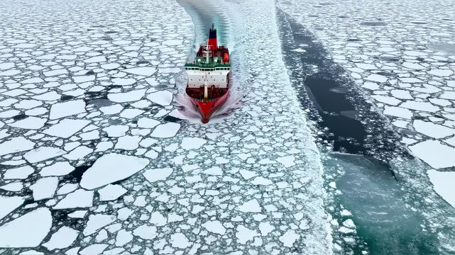 Icebreaker: A majestic vessel fearlessly navigates through the icy expanse, creating a pathway amidst the frozen landscape, symbolizing strength and exploration. 