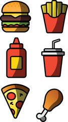 Colorful Flat Icons of Fast Food – Burger, Fries, Pizza, Drink, Sauce, Chicken Leg