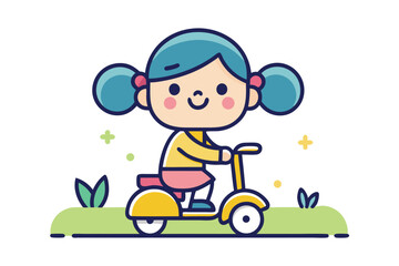 Fototapeta premium Cartoon Girl Riding a Yellow Scooter on Green Grass Cute Illustration Style
