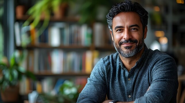 Calm Indian therapist portrait in a cozy bookshelf setting