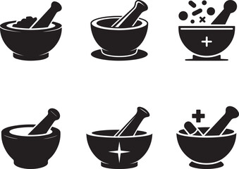 Mortar and pestle icons set herbal medicine pharmacy. eps-10