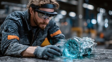 Industrial Worker Using Augmented Reality Smart Glasses to Inspect Engine Part