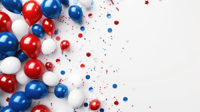 Festive Bastille day celebration with vibrant red, white, and blue balloons and confetti on white background. Horizontal banner. Copy space. Free space for text