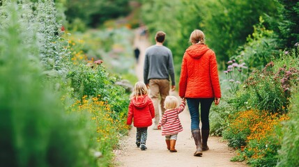 Sustainable Summer Travel design. Family walking in a lush garden path surrounded by flowers.