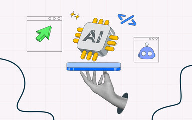 halftone collage, AI chip hovering above hand with code and chatbot icons. Futuristic concept of artificial intelligence, machine learning and automation technology