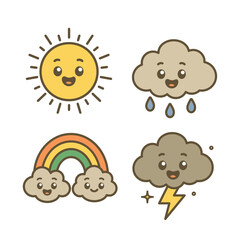 Cute weather icon set in cartoon style, featuring a smiling sun, rainy cloud, rainbow with clouds, and thunderstorm cloud. Flat vector illustration perfect for kids, stickers