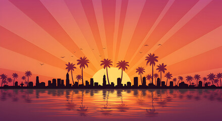 Fototapeta premium Beautiful Sunset Over Cityscape with Palm Trees and Water Reflection