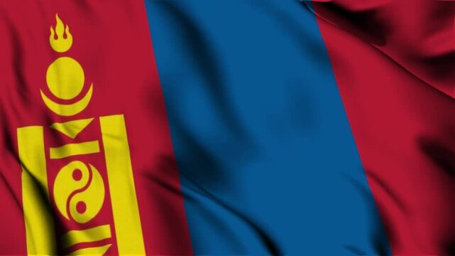 3D animation of the national flag of Mongolia waving in slow motion. Close-up view with realistic fabric texture in 4K resolution. Ideal for Independence Day, patriotic videos.