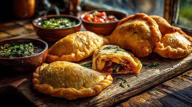 Assortment of golden-brown empanadas (beef, chicken, cheese) on weathered wooden table. 