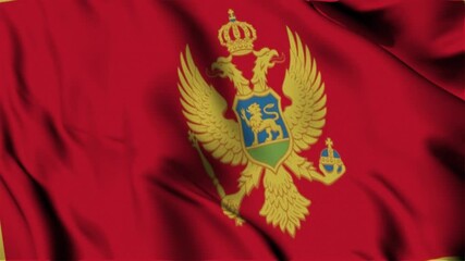 3D animation of the national flag of Montenegro waving in slow motion. Close-up view with realistic fabric texture in 4K resolution. Ideal for Independence Day, patriotic videos.