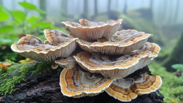 Turkey tail mushrooms growing on fallen log in misty forest