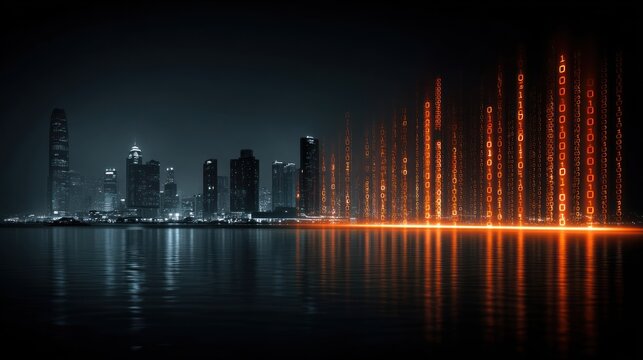 Night cityscape with digital code overlay