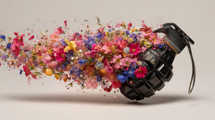 A black grenade mid-air, exploding into a burst of colorful wildflowers.