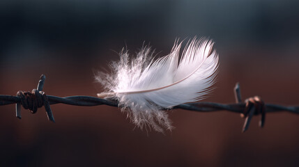 White Feather Floating Above Barbed Wire.- Peace/ No war