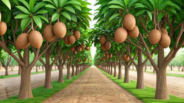 Lush Sapodilla Orchard Rows A picturesque view of a sapodilla plantation showcasing rows of trees laden with ripe brown sapodilla fruits under a bright sky.