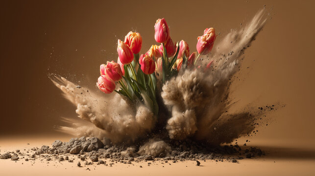 A landmine detonating in a controlled studio setup, releasing vibrant tulips instead of shrapnel.