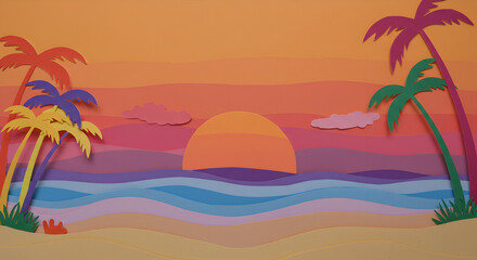 Obraz premium Colorful paper cut sunset beach scene