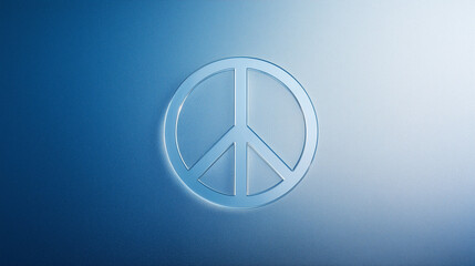 Minimal white peace symbol etched into glass, placed over soft blue gradient.