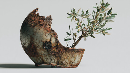 Nature Reclaims War Helmet with Olive Branch