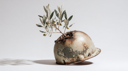 Peace-Olive branch growing through cracks of a rusted helmet