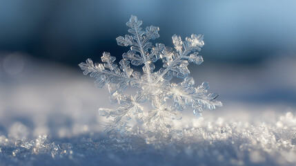 Pure snowflake forming into natural peace symbol on soft snow base.