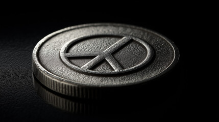 Silver coin embossed with peace symbol.