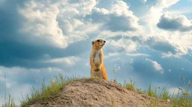 Richardson ground squirrel standing on a mound in grassland under cloudy sky