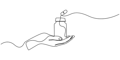 hand holds medicine bottle continuous one line drawing, Continuous one line drawing of Hand holding medicine bottle. simple medical drugs pharmacy care line art vector illustration, continuous line