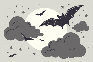 Cloudy Night Sky with Bats and Full Moon