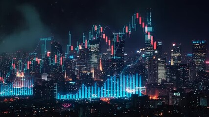 Vibrant city skyline with financial data overlay at night - Powered by Adobe