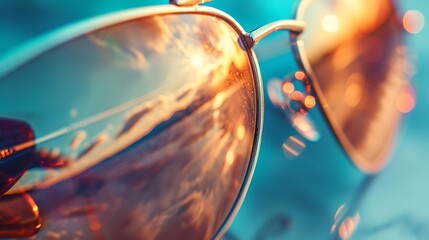 Close-up view of aviator sunglasses reflecting a sunset sky.
