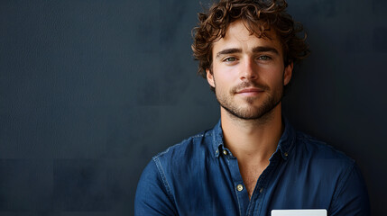Obraz premium Handsome man in blue shirt with white card