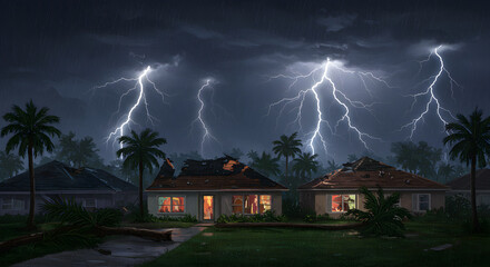 Dramatic scene of lightning striking houses during a tropical storm in a neighborhood