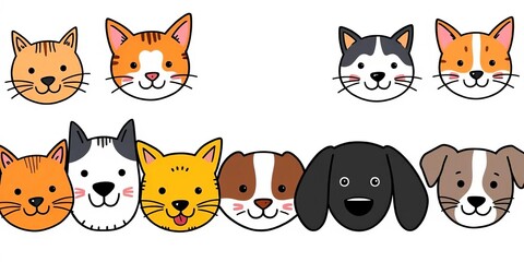 Fototapeta premium Whimsical hand-drawn doodle collection of cat and dog faces arranged horizontally, whimsical, pet portrait
