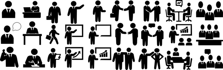 ビジネスシーンのシルエットピクトグラムセットデザイン｜会議,打ち合わせ,ビジネス