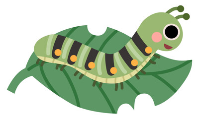 Flat illustration of cute insect caterpillar on leaf
