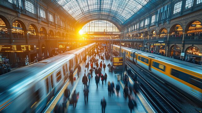 Dynamic scene of a lively airport with motion blur and a busy daylight train station atmosphere. 