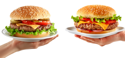 Hand holding Hamburger with black beans, vegetables and spices isolated on transparent white background.