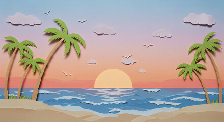 Obraz premium Handmade Papercut Tropical Beach Scene with Palm Trees, Ocean and Sunset