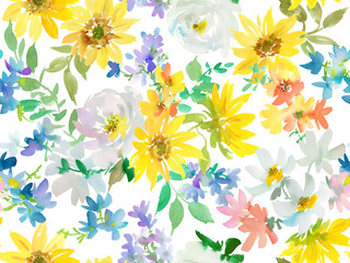 Seamless PNG pattern of abstract sunflowers, white peonies and wild flowers painted in watercolor. Hand painted summer botanical wallpaper  for wedding invitations with transparent background.