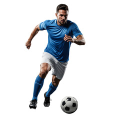 Soccer player in blue jersey dribbling the ball