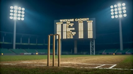 Night Cricket Game at Stadium under Bright Lights Wicket Stumps Scoreboard - Powered by Adobe