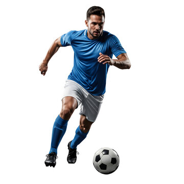 Soccer player in blue jersey dribbling the ball