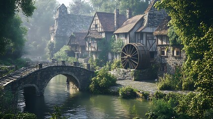 A picturesque village with a stone bridge over a calm waterway.