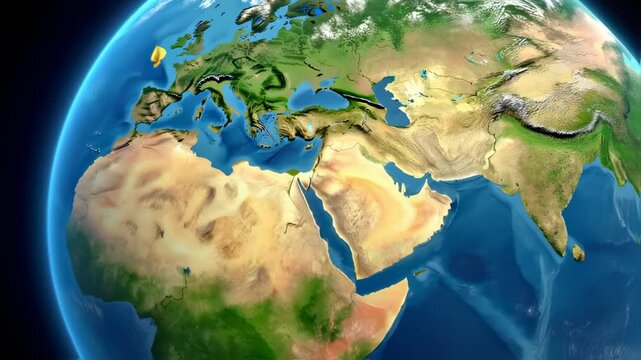 Animated view of planet earth rotating focusing on Europe, North Africa and Middle East