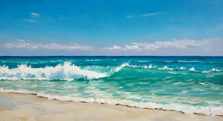 Oil painting of a beautiful ocean wave breaking on a sandy beach on a sunny day