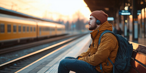 A young man sits on a bench at a train station, wearing headphones and a backpack,