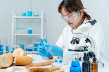Fototapeta premium Scientist check chemical and fungus in laboratory. Control experts inspect the concentration of chemical residues. hazards, standard, prohibited substances, contaminate, Microbiologist