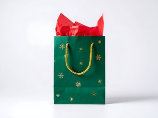 Green gift bag with red tissue paper isolated on white background